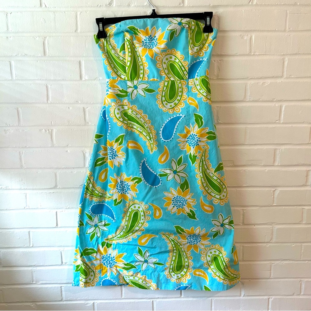 Vintage Lilly Pulitzer A line Dress peek a boo back tie paisley sunflower blue